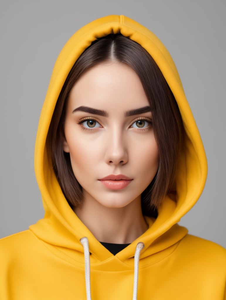 Portrait of a beautiful young woman wearing blank yellow hoodie, minimalism, mockup, mock up