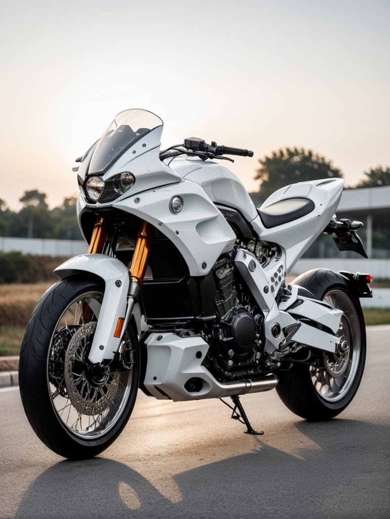 Futuristic white motorbike, low angle view, isolated, white background, mockup