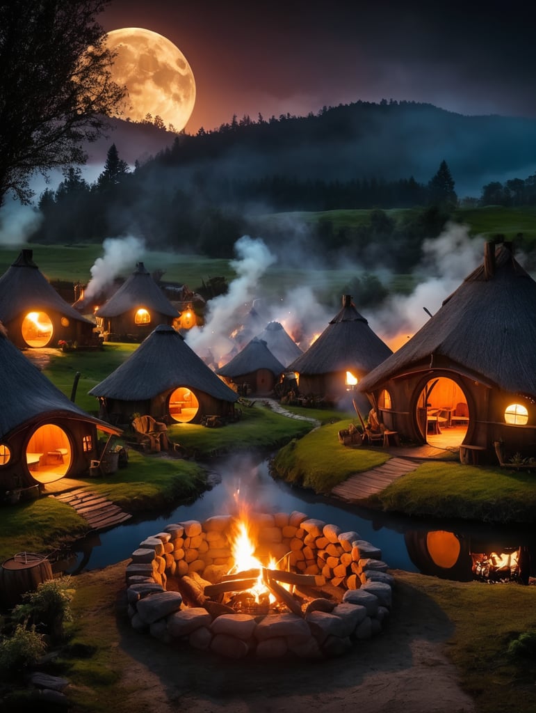 Magic hobbits village at night, bog moon, camp fire, smoke