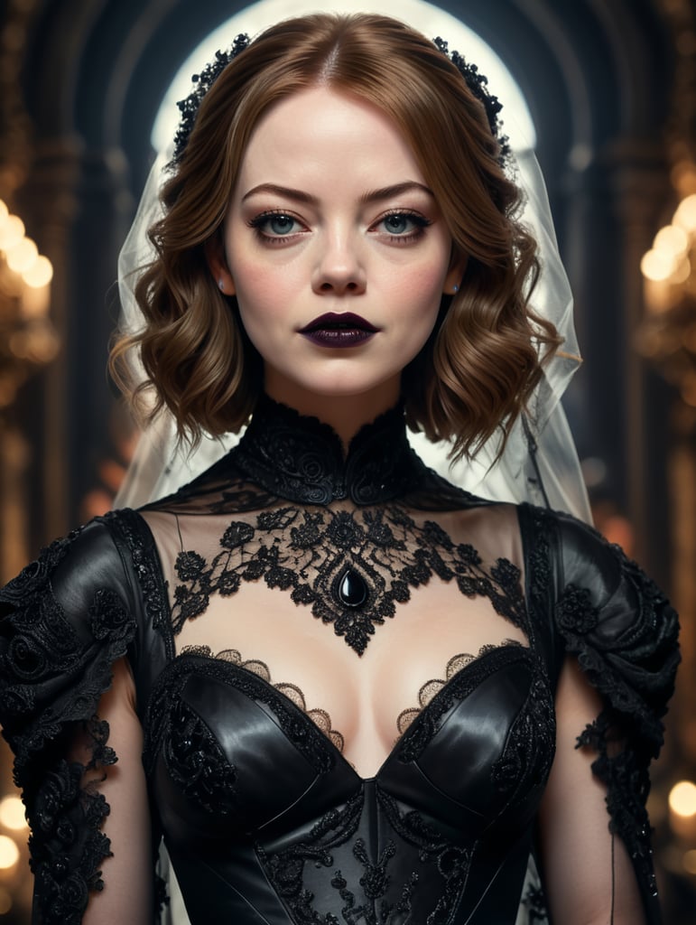 emma stone wearing black lipstick and a black wedding dress