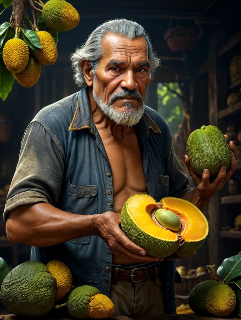 An old south american man, holding a jackfruit, in pixar style