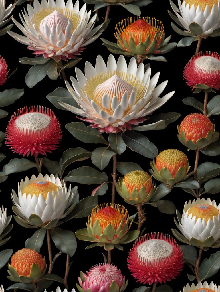 Detailed king proteas and pincushions against a black backdrop by martin johnson heade, artstation