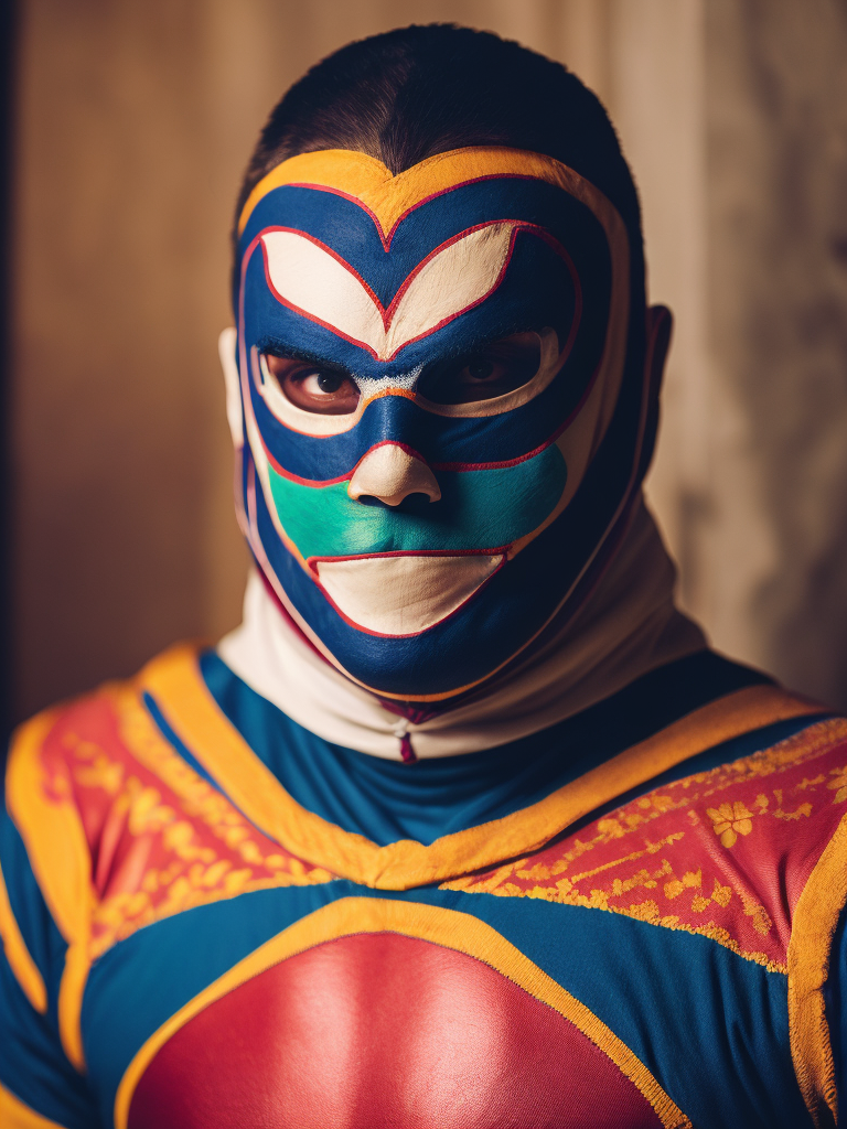 Portrait of a masked mexican wrestler, Vivid saturated colors, Contrast color, studio photo, professional photo, Rich colors, Detailed image