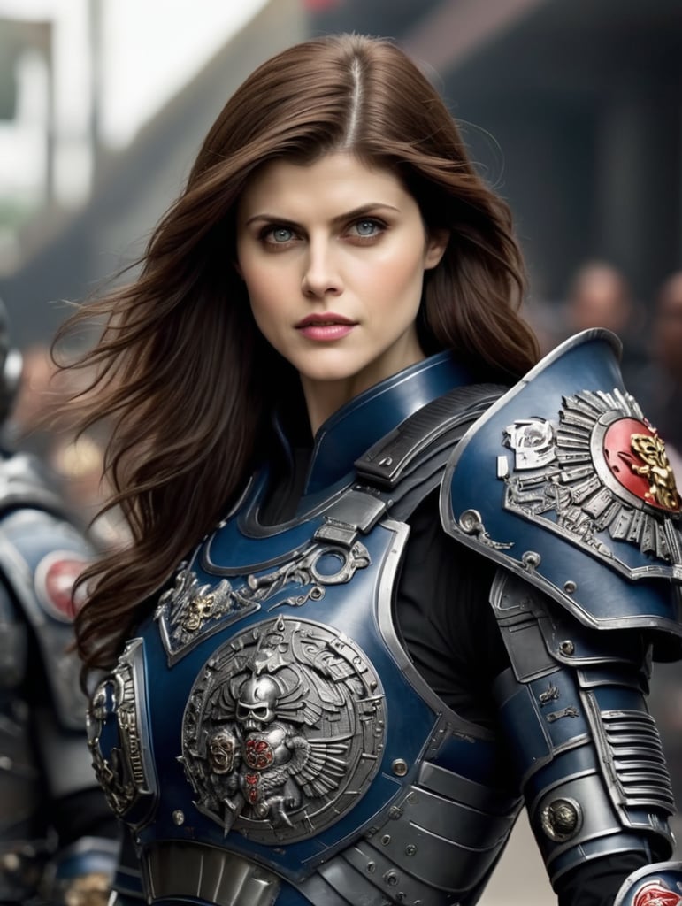 Make a photo of Alexandra Daddario wearing warhammer 40k terminator armor
