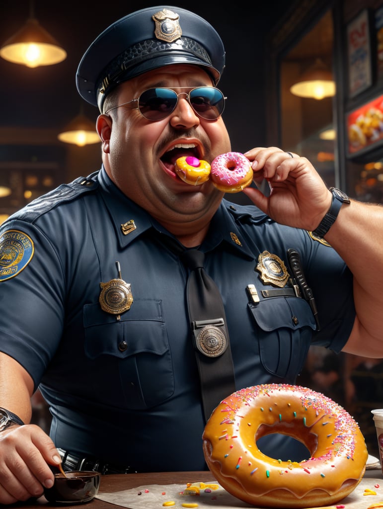 very fat cop is eating a donut, happy, sunglasses, image, portrait