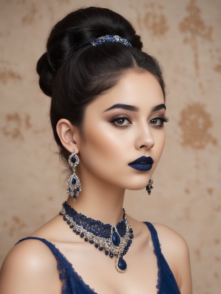Busty Syrian teen in darkest blue lipstick, earings