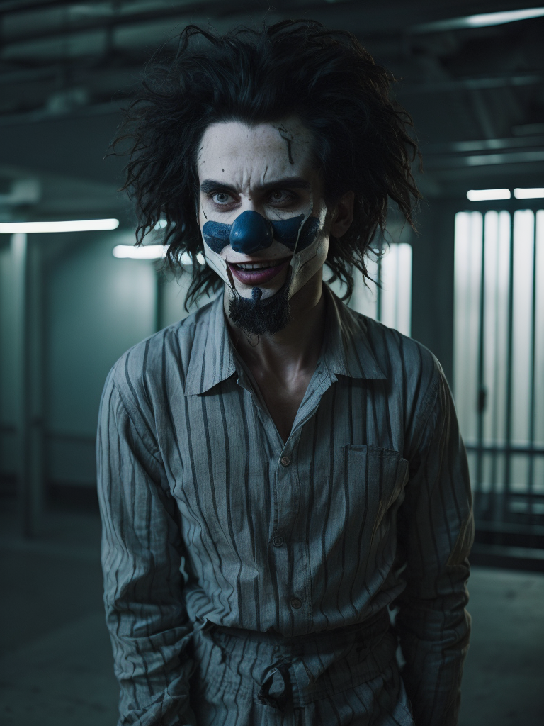 angry clown in a black and white stripes prison jumpsuit uniform