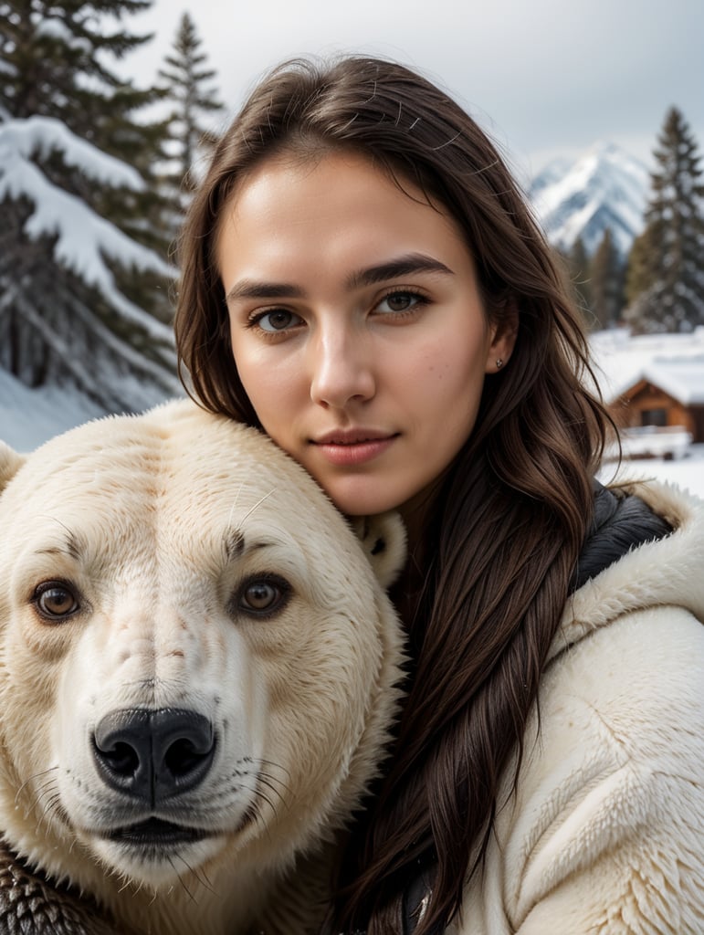 selfie of young woman with a polar bear, polar location, ice and snow, cold environment, highly detailed