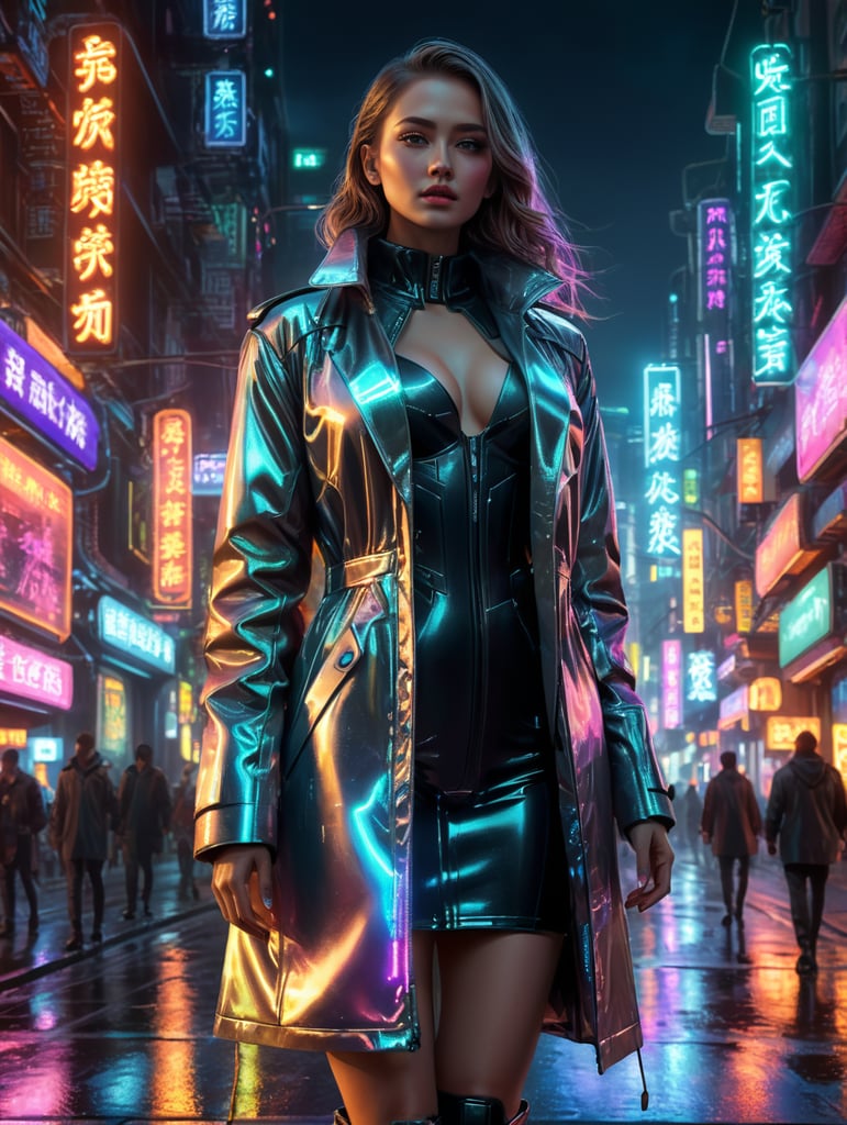 A women wearing translucent coat, standing on a street, neon cyber city, dark night, neon signs