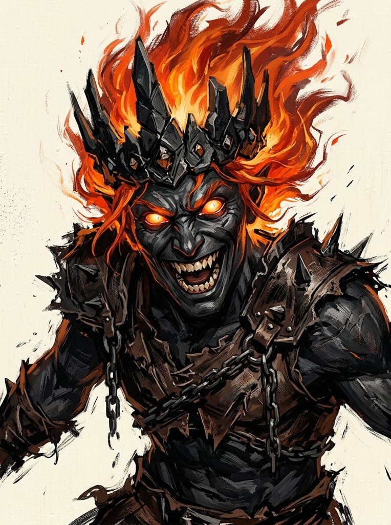 Expressive digital painting of a manic figure with fiery red hair, glowing orange eyes, and a wide grin, viewed from a low angle. The charcoal-skinned character wears a jagged obsidian crown, rendered with bold brushstrokes against a plain cream background.
