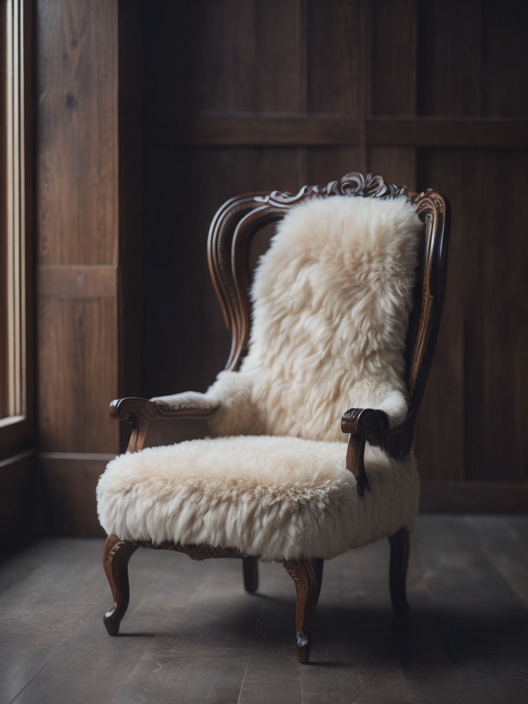 a wood carved chair with sheepskin, wood carved sheep head, wood carved sheep legs, dark wood, cinematic shot