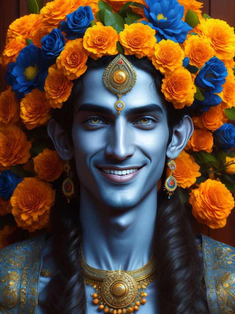 erstelle mir ein bild von gott, dem höchsten herrn, in der form von krishna. mit rosen und tagetesblumen als girlande, einem süßen lächeln und wunderbar liebenden blauen augen. üppig geschmückt, mit blau schimmernder haut