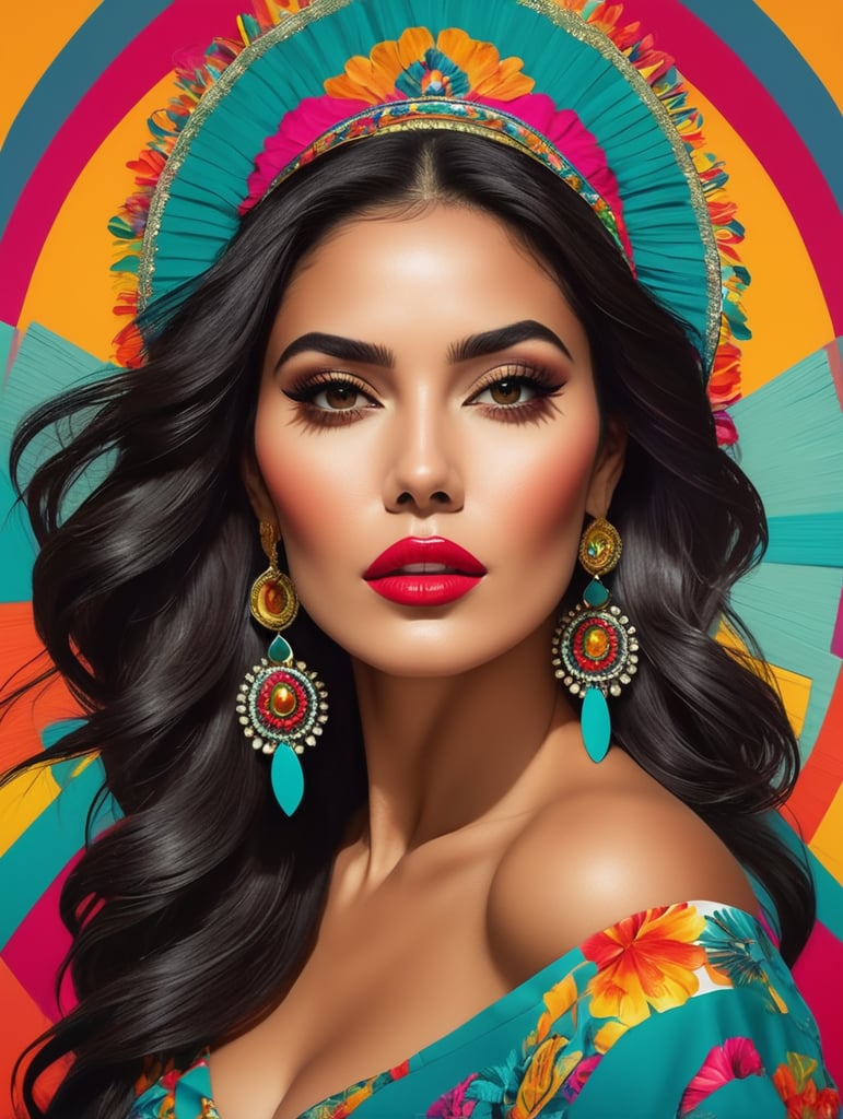 high fashion photography model pop art mexican woman dramatic pose upper body looking straight at the viewer