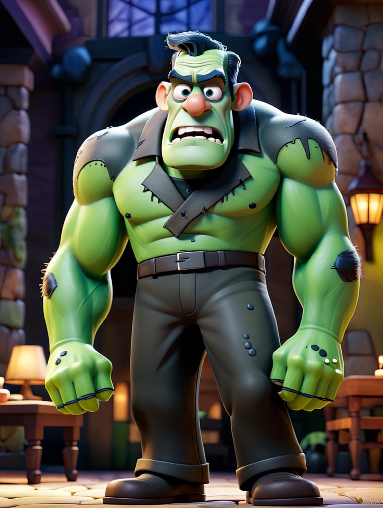 full body image of Boris Karloff as Frankenstein's Monster in style of pixar animation, Green Skin, muted color palette, atmospheric, creepy, reanimated corpse, scar tissue, decomposing, starring eyes, welcoming, bolts sticking out of sides of neck, gangrene, veins, mutilated, stitches across forehead, grilling food in a restaurant