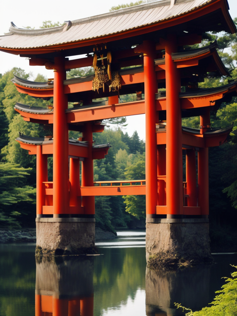 Red torii gate in middle of a lake, Dense forest on the edge of the lake, Bright and saturated colors, Japanese culture, photorealistic, contrast light