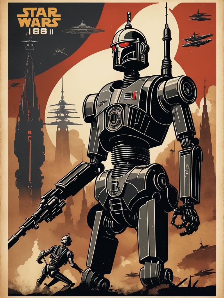 World War 2 Russian propaganda poster Star Wars IG-88 IG-11 K-2SO space battle thick lines bold dark lines vintage artwork