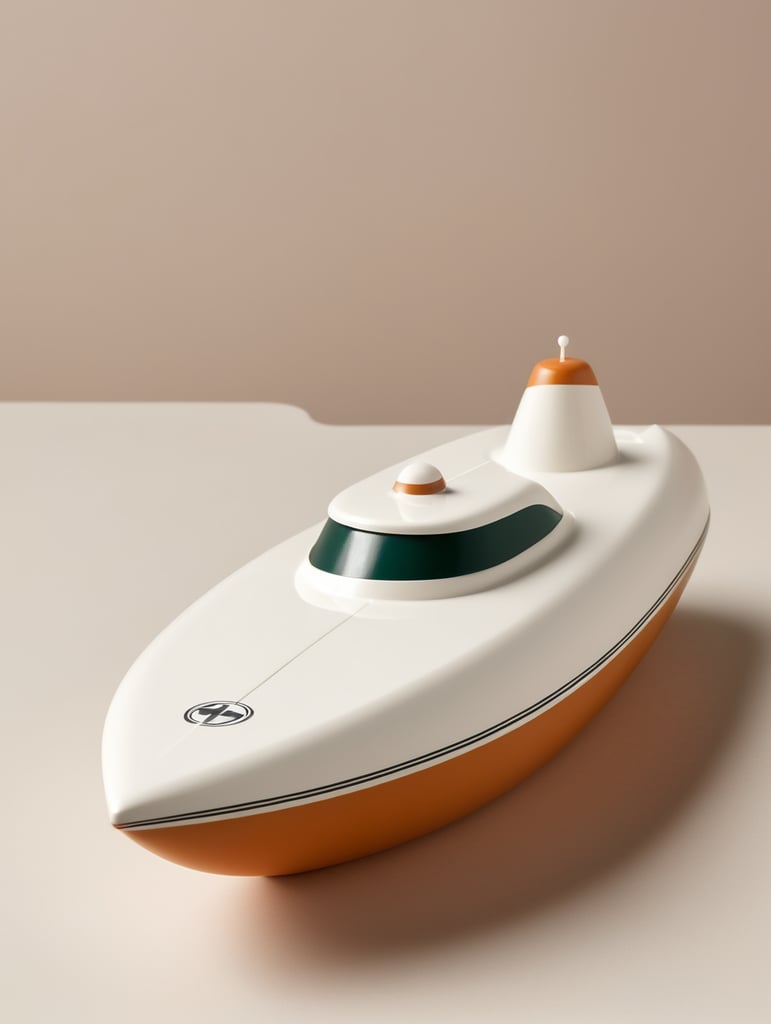 Bath toy chubby 1950s high speed racing boat designed by Dieter Rams. Simplistic minimalist post modernist product design. Oak and injection molded plastic. Full object in view.