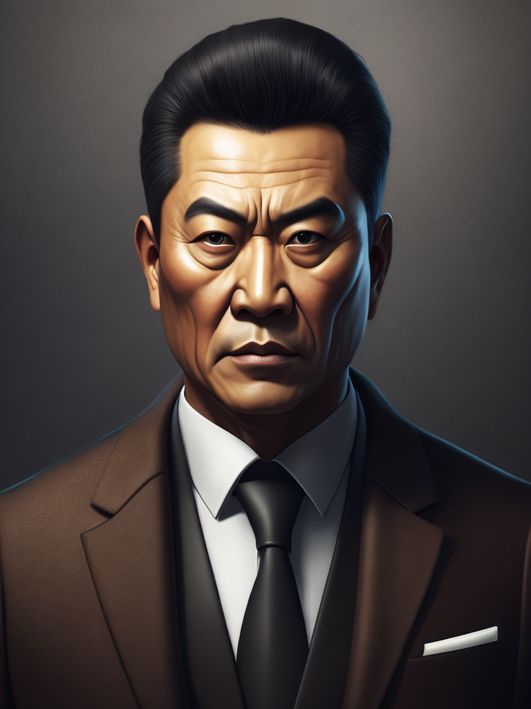 Portrait of a Chinese mafia boss in formal suit, scar on a face