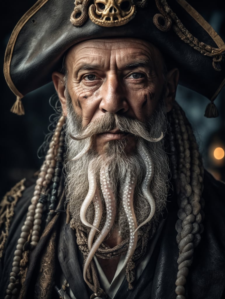 old pirate with octopus beard, dark scene, dark atmosphere, epic shot, sharp on details