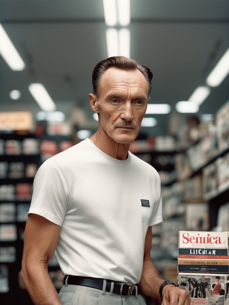 Extremely detailed photographic image, grained image, beautifully composed, monochrome image, 50's fashionable image, fashionable magazine photography, leica summicron 35mm f2.0, kodak 400tx, fashion photography, fashionable model, william s. burroughs, man wearing blank white T-Shirt in Clothing Store Mockup, mock up