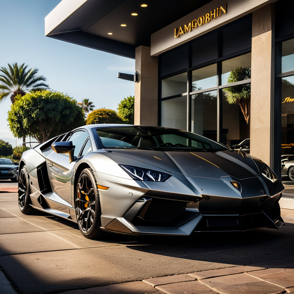 A beautiful lamborghini collorado standing out of the showroom, realistic sunlight, realistic day, photorealistic, 32k.