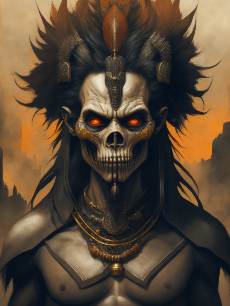 In this powerful and evocative image, mictlantecuhtli, the ancient aztec god of the underworld, emerges in all his ominous glory. rendered predominantly in stark black and white, with subtle gradations of gray, the depiction showcases the deity's menacing presence and serves as a testament to his authority. mictlantecuhtli's face embodies an intense fury, with furrowed brows and eyes ablaze with anger. his facial features are sharp and defined, with deep-set eye sockets that pierce through the darkness. elongated, bony structures form his skeletal visage, accentuating the otherworldly nature of his being. jagged teeth, stained and yellowed, protrude menacingly from his mouth, capturing his ferocity and instilling fear in those who behold him. the environment surrounding mictlantecuhtli reflects the essence of his era, transporting us to the aztec underworld known as mictlan.