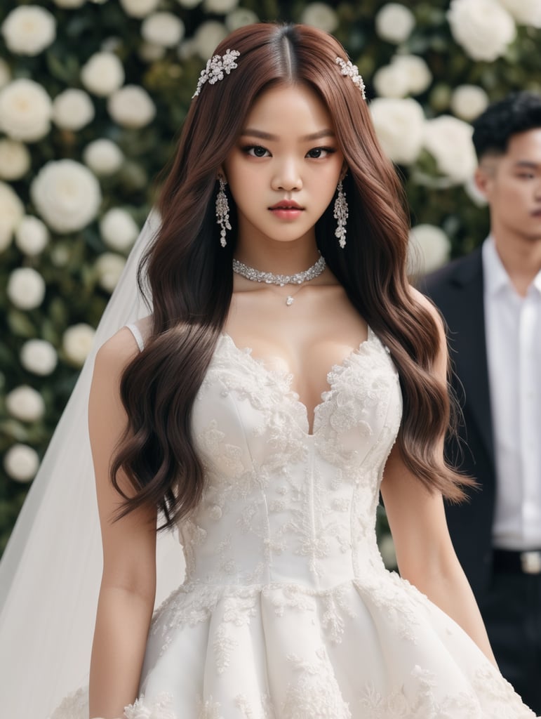 Jennie de blackpink con un vestido de novia blanco y con el pelo suelto.