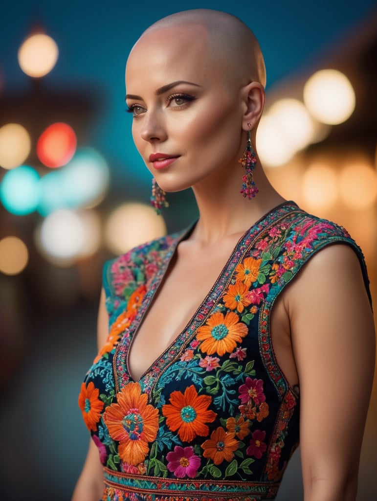 Beautiful hot bald woman with freckles, wearing a colorful, vibrant, detailed embroidered dress, medium-full shot, at night