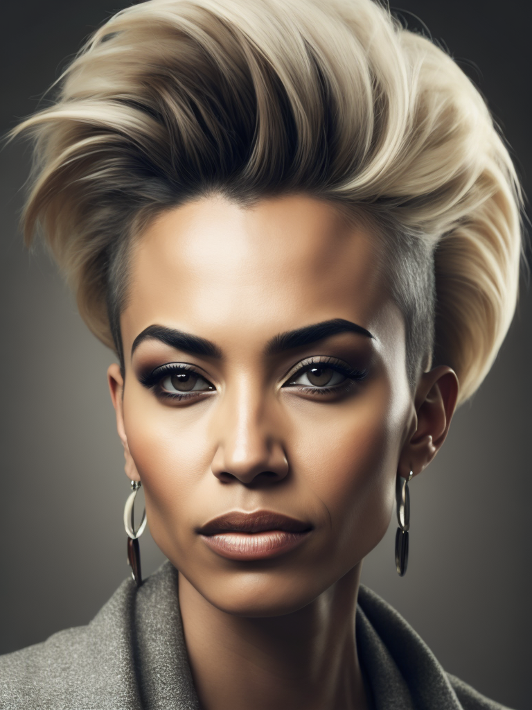 a 42 yo woman, blonde, (hi-top fade:1.3), dark theme, soothing tones, muted colors, high contrast, (natural skin texture, hyperrealism, soft light, sharp)