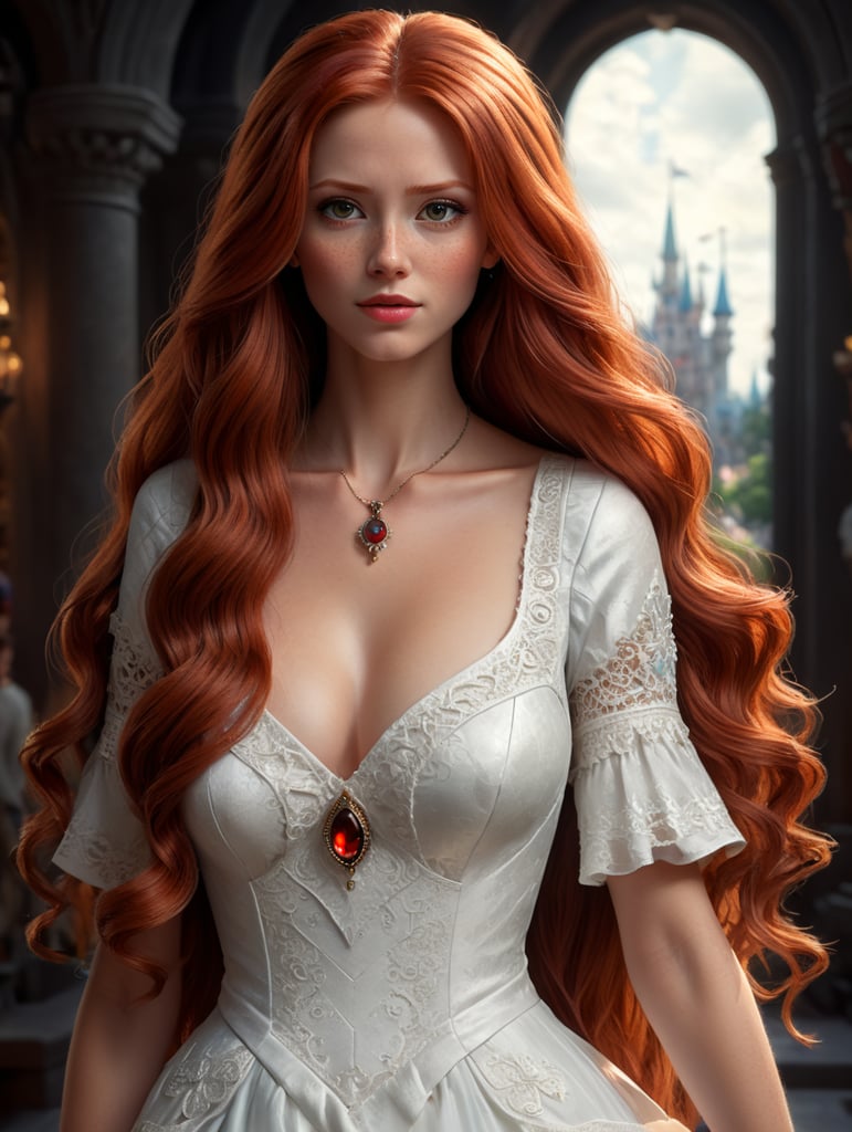 Straight long red haired woman cartoon with brown eyes and white dress with Disney face features