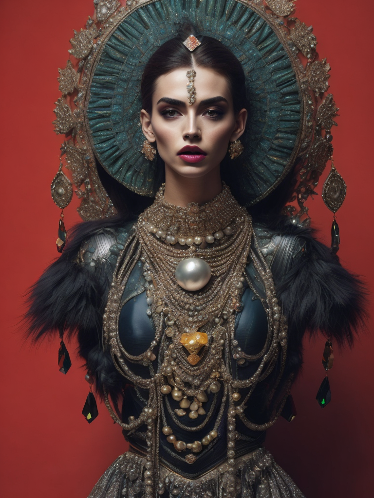 retrofuturistic massive huge jeweled necklace with huge diamonds and jewels on interplanetary interspecies male robot monster, horrific, terrifying, scary, mean. many spirder eyes, huge big jewel encrusted clothing, big pearls, precious gems. The set design is bold geometric patterns photographed by Romina Ressia, film still from wes Anderson, Gucci, Versace, givenchy, medium shot fashion, award winning photography, arty pose, fashion, diaphanous layered ultra haute couture, high definition, high resolution, bold vibrant colors , volumetric lighting, 8k, 3d render