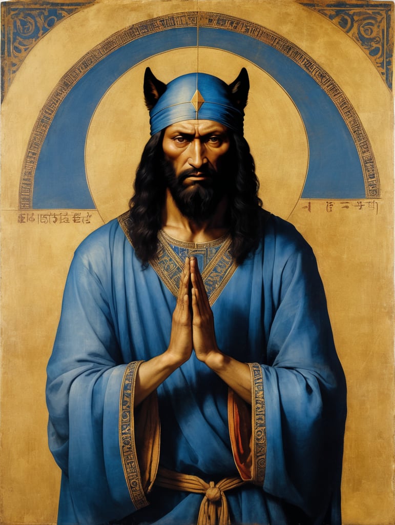 icon painted by Leonardo Davinci, portrait of a human with a black angry Wolf head, clothes in a blue coverlet, hand crossing fingers, glow around the head in the form of a triangle