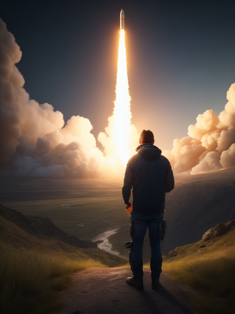 A highly detailed photo of a man on a hill watching a rocket launch in the distance, volumetric lighting, contrast details, professional shot, sharp focus