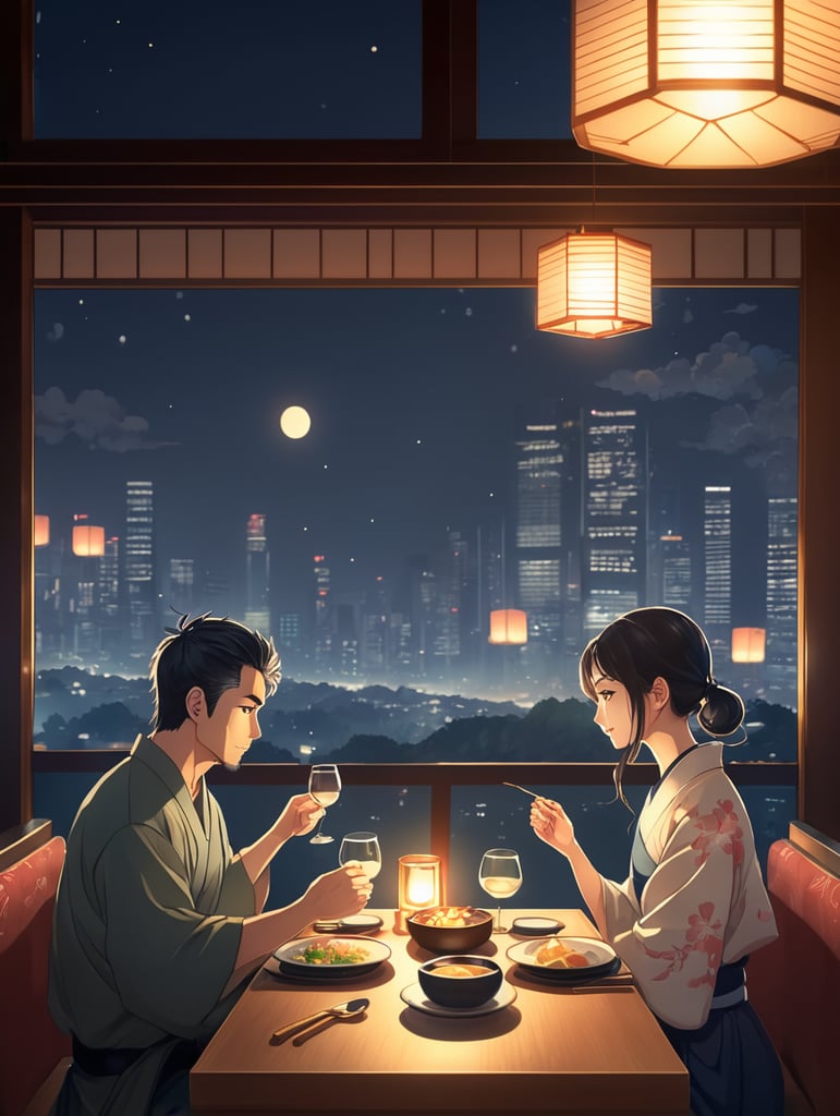 couple dinner at Japanese restaurant with warm light ambience, 2 persons, background big window glass with a night scene, anime art style