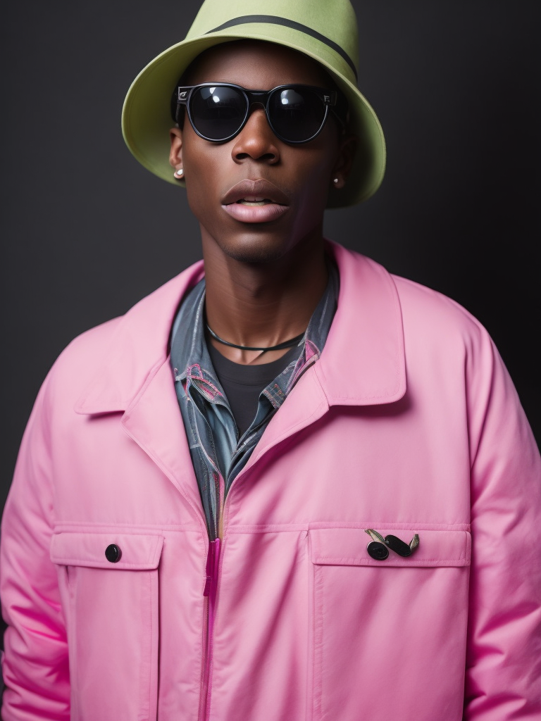 Black male fashion model, Wearing a pink jacket and a green panama hat, large black sunglasses, Black background, Bright and rich colors, bright saturated color, sharp focus,