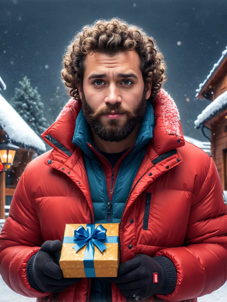 portrait of a bearded curly man wearing red puffer jacket, stands front camera with gift box his hand, snowy weather, Christmas time