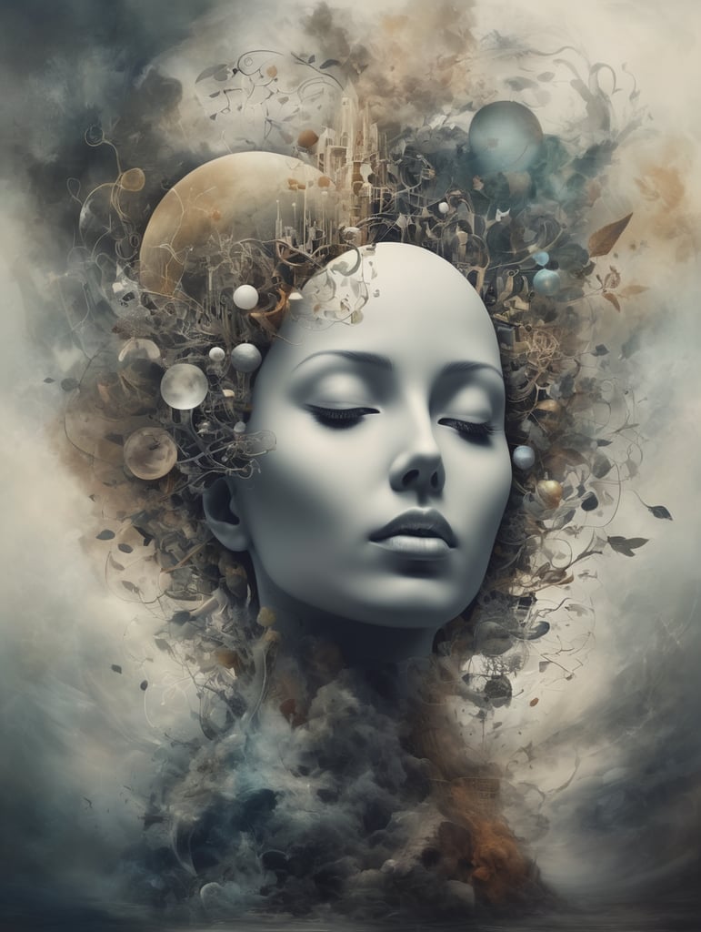 Whispers of the Mind: Depict a mind transitioning from the beauty of poetic thoughts to a chaotic delusion, using symbolic elements and abstract forms