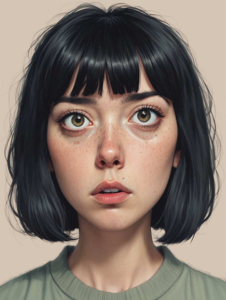 Self portrait, drawing, cartoony, weird, freckles, black hair, bangs, tired, insomnia, unsettling