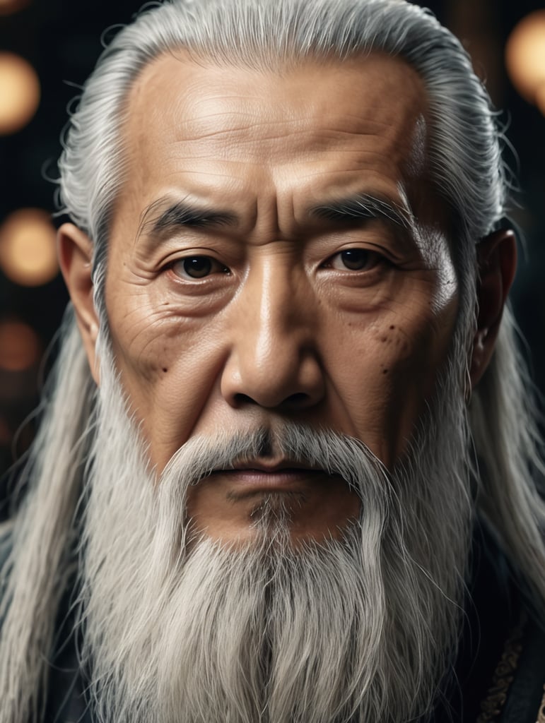 Wise old japanese man from tokyo with a long white beard, intricate, sharp focus, fantasy, cinematic lighting, other worldy, surreal 8k photo, dark moody aesthetic