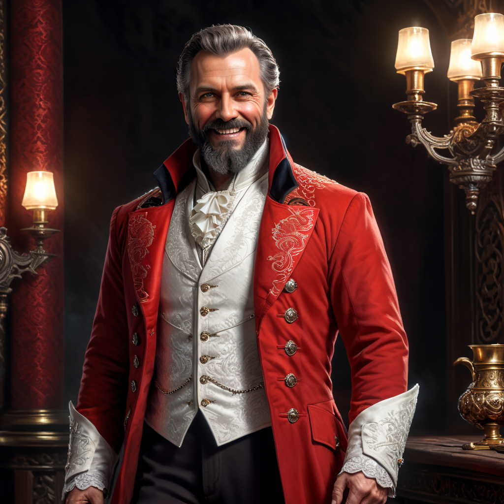 D bearded middle-aged male aristocrat standing smiling red coat white vest