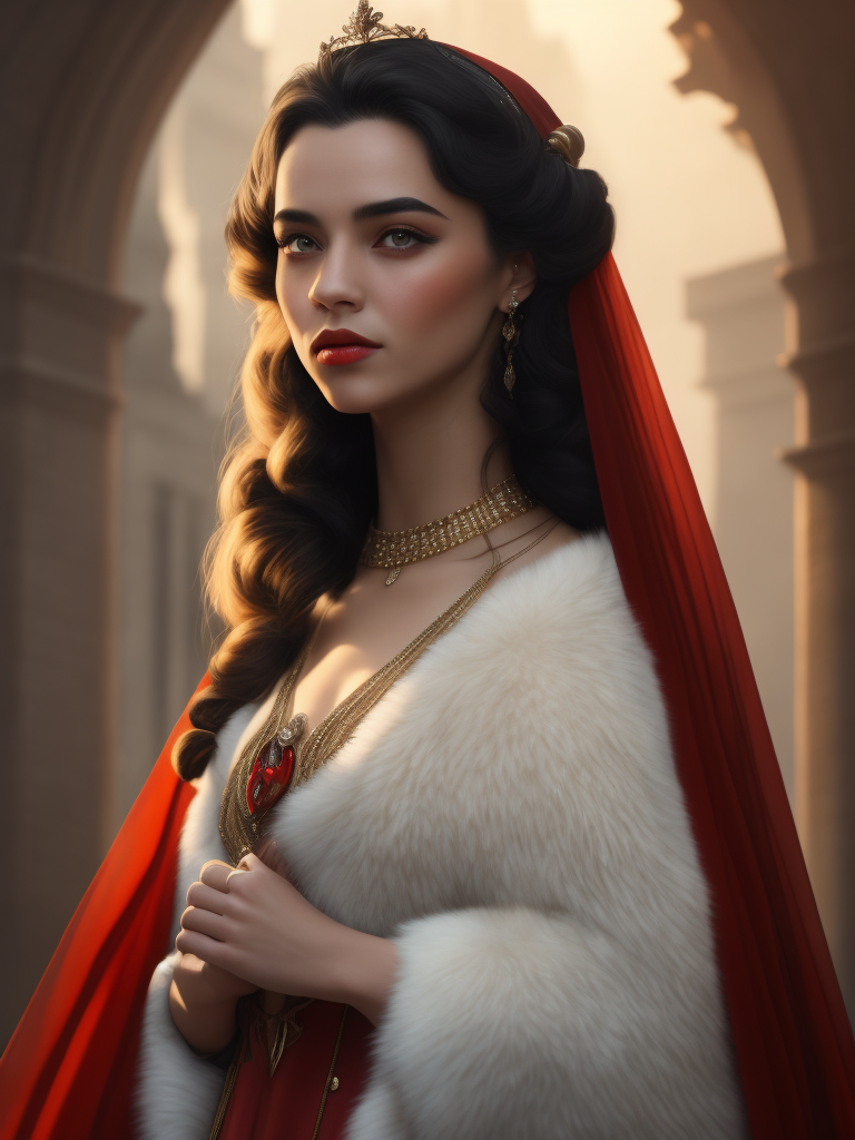 Beautiful young teenage woman, princess, very pale, curly black hair and dark eyes, Snow White, 1930s style, disney cartoon come to life, red gown, innocent sweet face