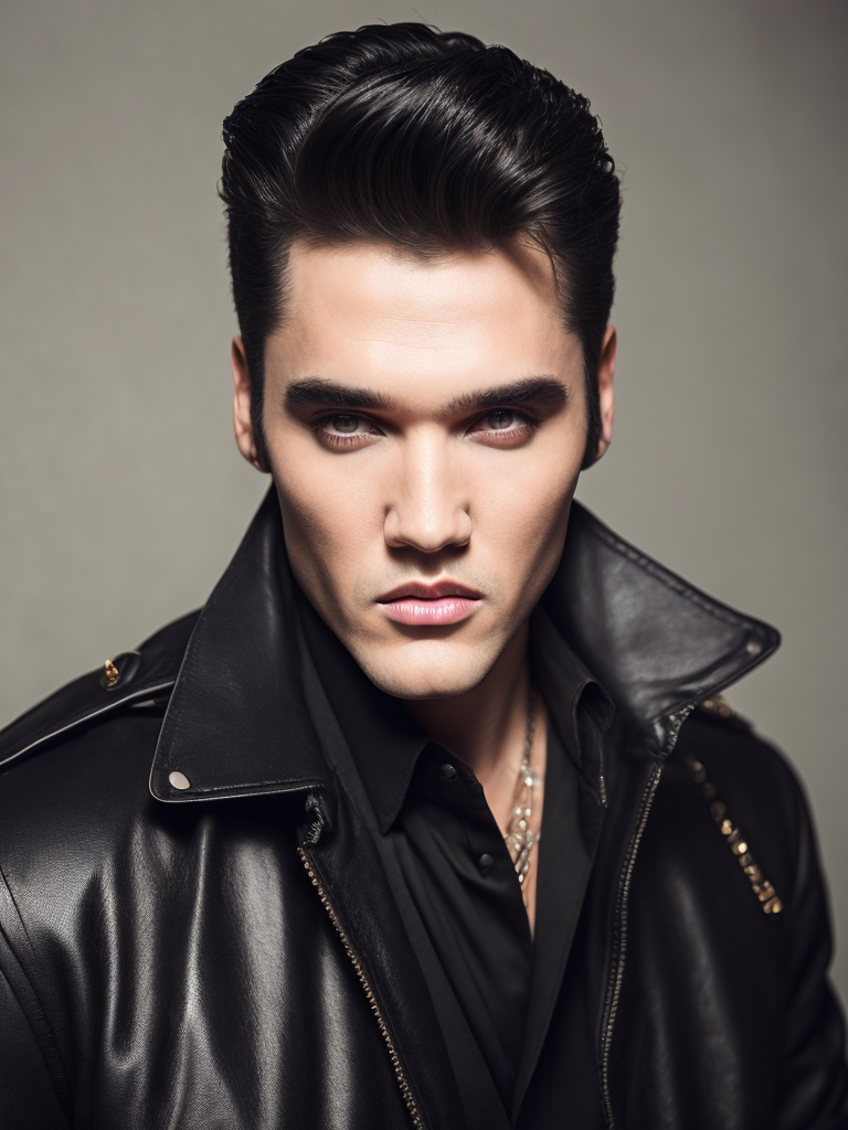 Portrait of Elvis Presley wearing a black leather jacket, studio photo, professional photo, Bright and rich colors, Detailed image, detailed face