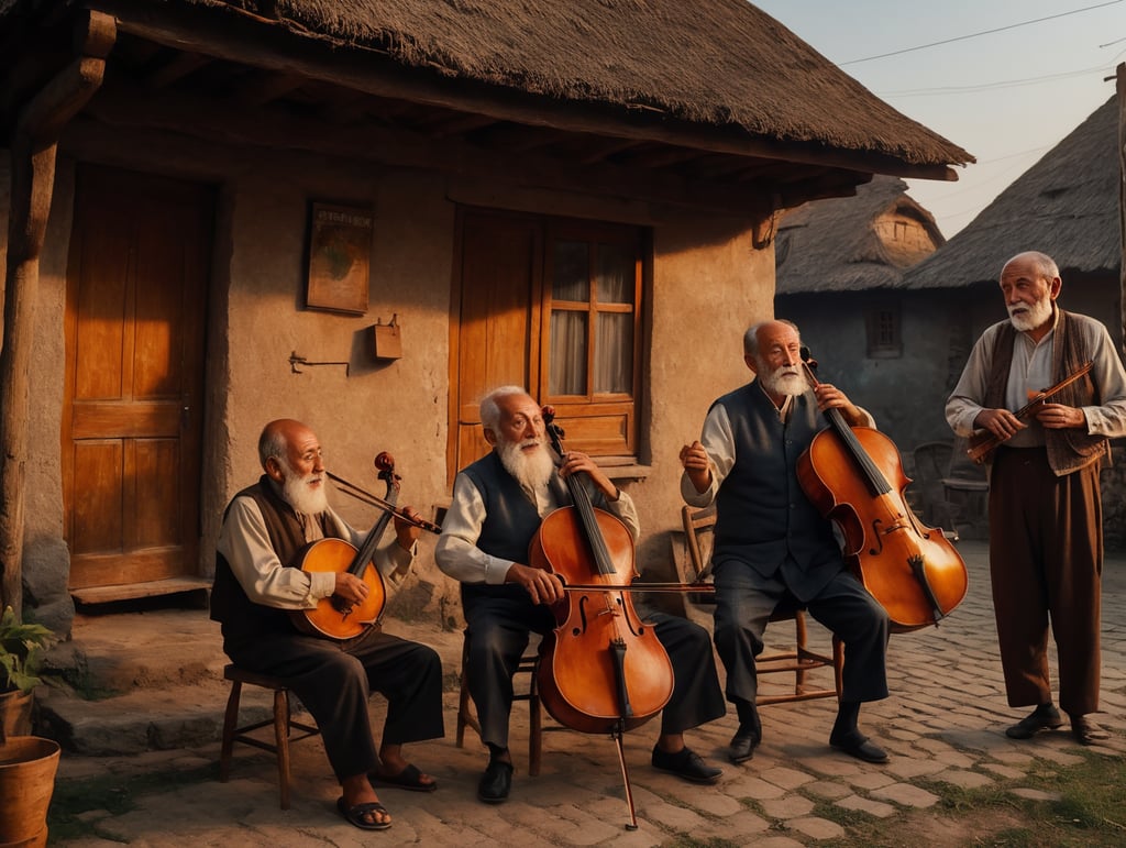 A Nostalgic Evening in the Shtetl, Late afternoon transitioning into early evening, Shtetl in Eastern Europe, Clear sky with a warm, golden sunset, Old Man playing a cello with deep emotion, Traditional Jewish attire including a kippah, Sitting on a wooden chair outside his home, Men dancing with fervor and playing instruments like violin, accordion, clarinet, Simple rustic clothing, Forming a circle around the old man, Children playing and dancing, On the outskirts of the circle, some imitating the adults, Women watching the scene, some clapping or singing, Traditional dresses, Standing near the homes, some peeking out of windows, Wide-angle shot, Sharp focus on the old man, softer focus on surrounding activities, Natural lighting from setting sun, casting long shadows and illuminating faces, High resolution, Joyful yet nostalgic