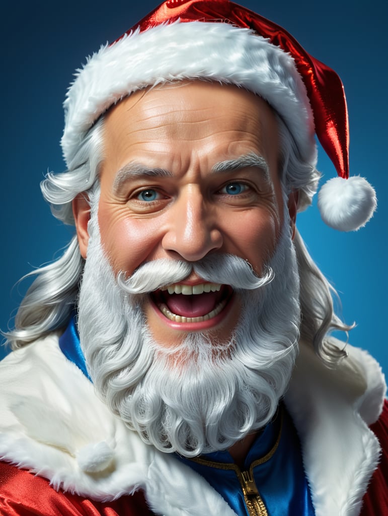 Santa claus with a long thick white beard, dressed in a mirror silver metallic chrome santa claus costume, santa claus cap on his head, in a cheerful mood, thick white eyebrows, professional studio photo, blue background, bright colors, contrasting light, high detail