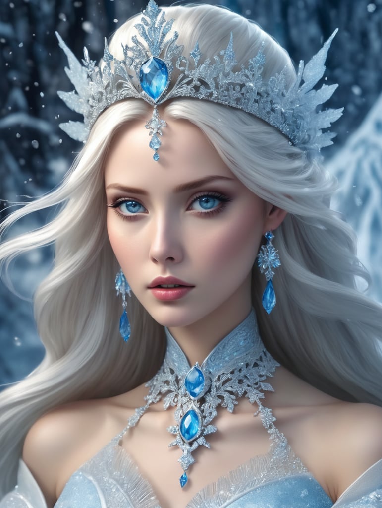 Michael Cheval style illustration in disney cartoon style film frozen 2013 Ice Queen with long flowing silver hair and piercing blue eyes, stylized character 3d, pretty, She is tall, slender noble, light blue crown made of glowy ice shards, dress made of snowflakes, trending on artstation, young, cute, contempt, annoyed expression, Dark psychology, Narcissism, Egotism, lack of empathy, Machiavellianism, deceive, exploit, selfishness, remorselessness, sharp features, Januz Miralles, Hikari Shimoda, 4k, highly shoot by high-end camera, extremely detail, bold composition, rich and saturated color palette, dynamic dark lines in a cel-shading style