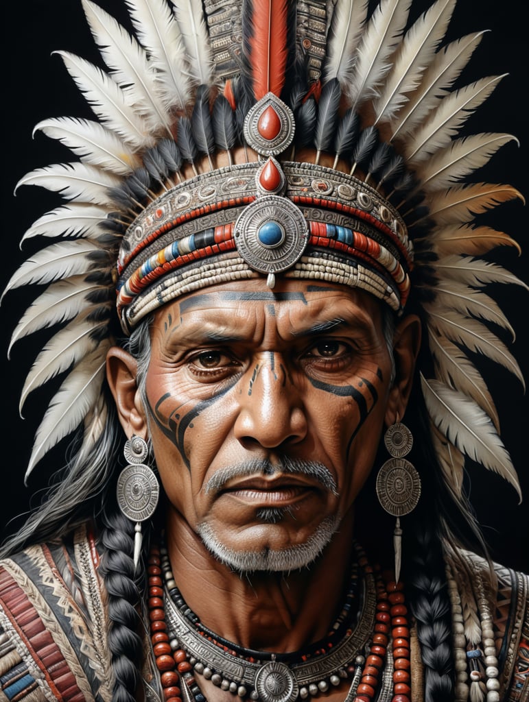 Indian tribal leader, illustration, Pencil, Portrait, B , USA, style of Laurie Lipton