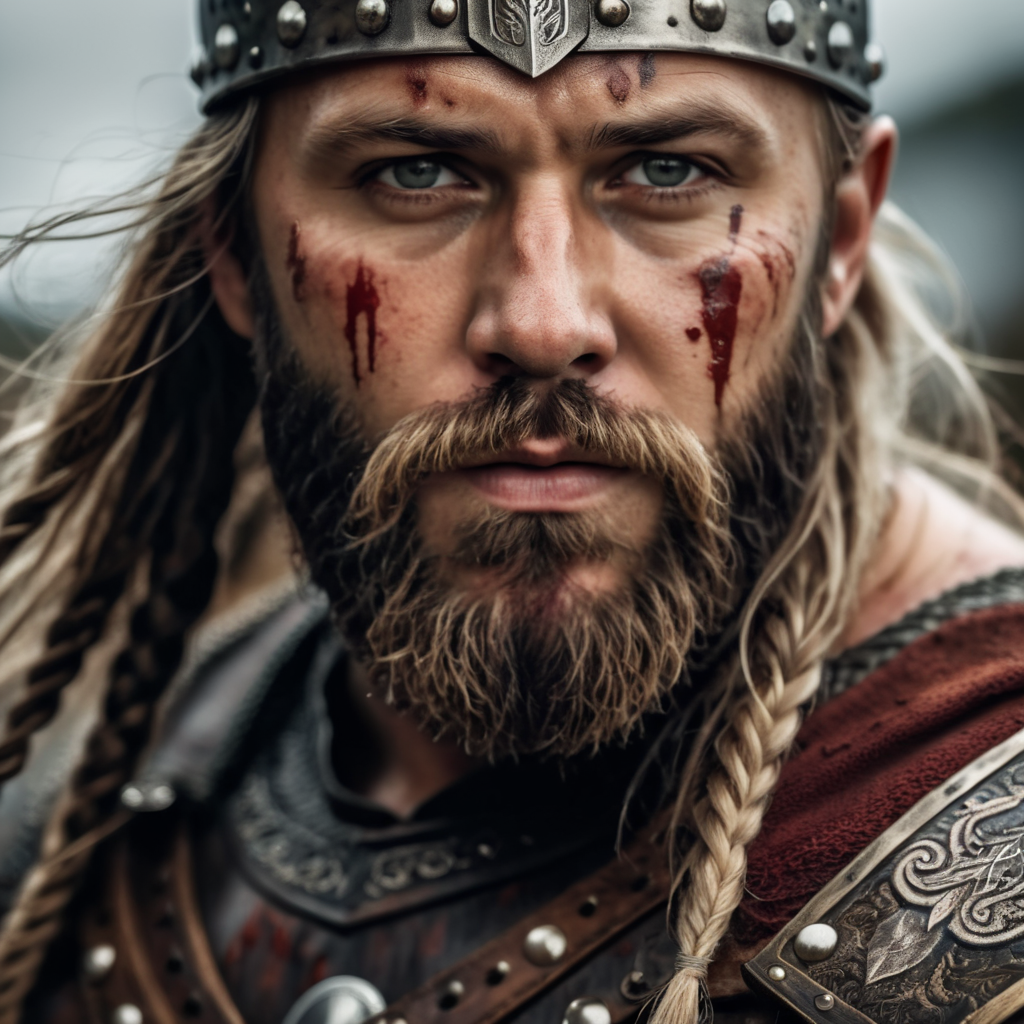 hyper realistic Blood stained viking with full face beard