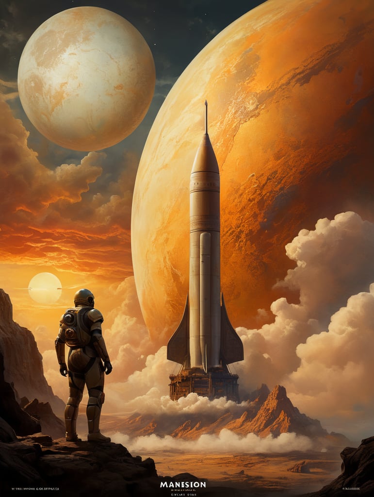 Ein Vintage-Reiseplakat für Venus im Hochformat. Die Szene zeigt die dicken, gelblichen Wolken der Venus mit der Silhouette eines sich nähernden alten Raketenschiffs. Geheimnisvolle Formen deuten auf Berge und Täler unter den Wolken hin. Der untere Text lautet: „Explore Venus: Beauty Behind the Mist“. Das Farbschema besteht aus Gold-, Gelb- und sanften Orangetönen und erweckt ein Gefühl des Staunens.