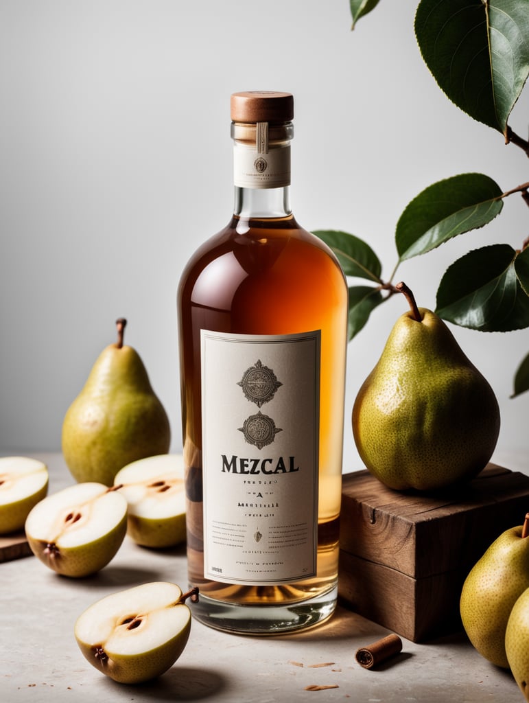 Packaging and branding for a mezcal brand as if it had been designed by HI ESTUDIO with In a set design with bricks, pears and dry leaves.