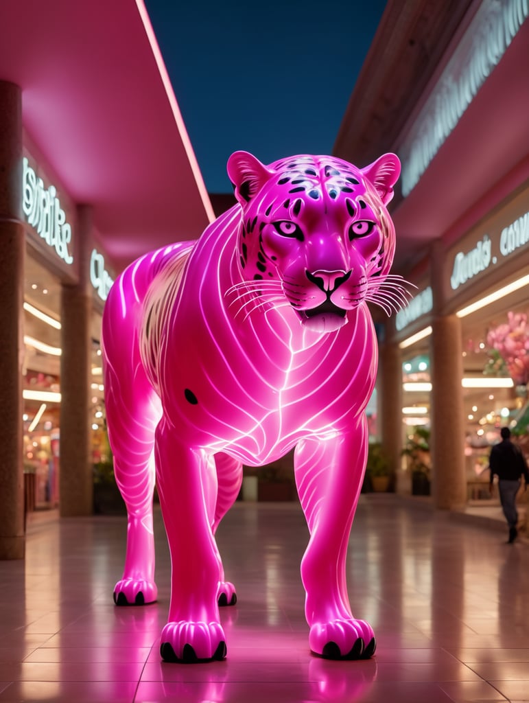 extra wide shot realistic translucent irridecent pink jaguar spirit animal in 90s mall at night